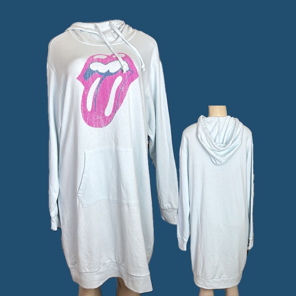 The Rolling Stones XL Blue Distressed Tongue Graphic Hoodie Dress Long Sleeve